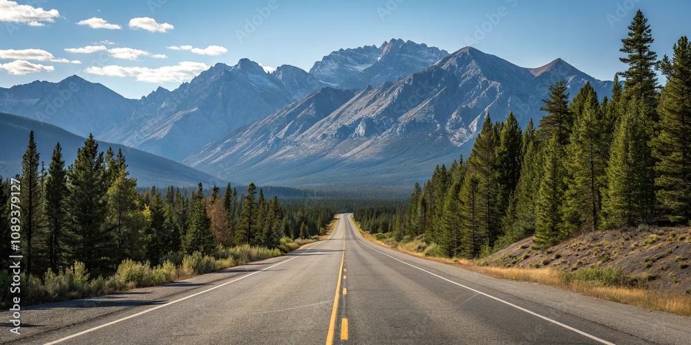 Empty stretch of asphalt road running parallel to a mountain range with a clear blue sky above and pine trees in the foreground, asphalt road, mountain view, peaceful scene, natural landscape, road Empty stretch of asphalt road running parallel to a mountain range with a clear blue sky above and pine trees in the foreground, asphalt road, mountain view, peaceful scene, natural landscape, road