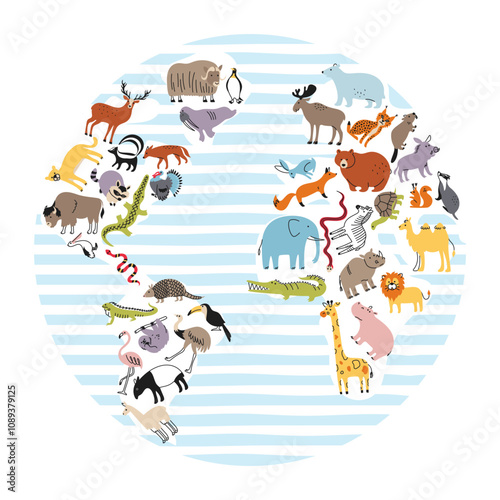 Animal world map on land for kids. Poster with cute vector animals in flat doodle style. Vector characters on different continents of the world