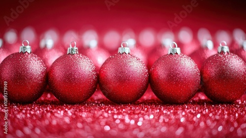 Festive Red Christmas Ornaments Sparkling on a Shimmering Background photo