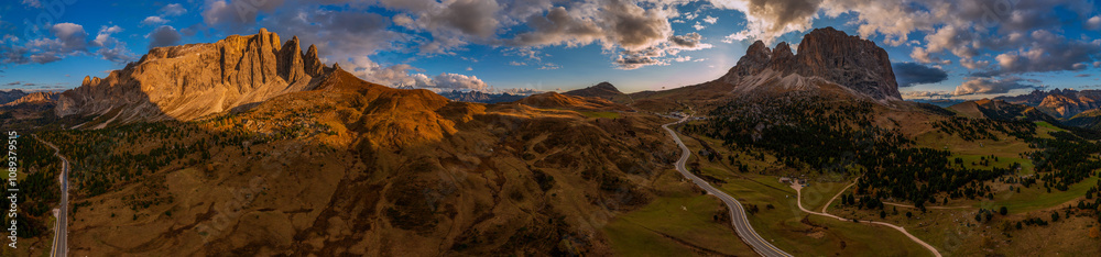 Fototapeta premium Panoramic view of the Val Gardena Dolomites in Italy. Drone panoramic shot.