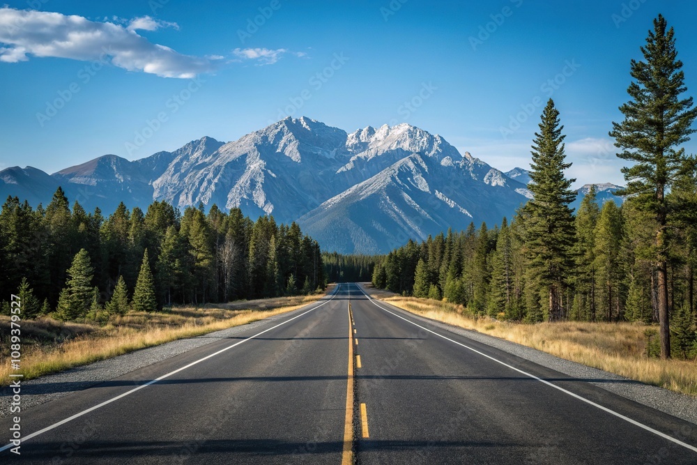 Empty stretch of asphalt road running parallel to a mountain range with a clear blue sky above and pine trees in the foreground, road to nowhere, calmness, natural landscape, scenic beauty Empty stretch of asphalt road running parallel to a mountain range with a clear blue sky above and pine trees in the foreground, road to nowhere, calmness, natural landscape, scenic beauty