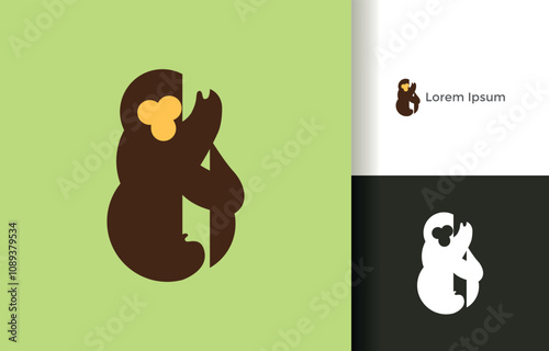 Photography Cute monkey hug tree in negative space flat style logo company, logo vector template design