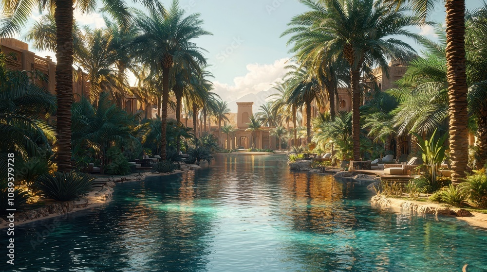 Fototapeta premium A serene desert oasis surrounded by towering date palms and calm, reflective water. The golden sand dunes in the background contrast beautifully with the lush greenery. The scene feels like 