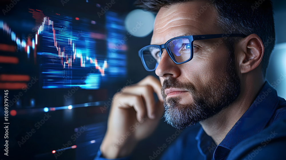 A focused businessman with holographic trends and forecasts surrounding him A focused businessman with holographic trends and forecasts surrounding him