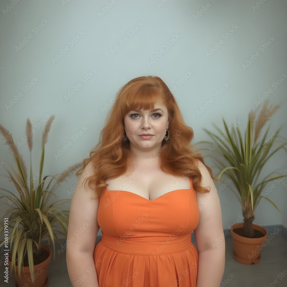 Naklejka premium Pelirroja con rizos perfectos y un elegante vestido naranja.