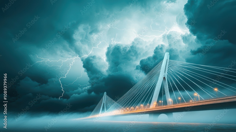Obraz premium A dramatic shot of a cable stayed bridge illuminated against a stormy sky, with lightning strikes illuminating the bridge unique architectural features.