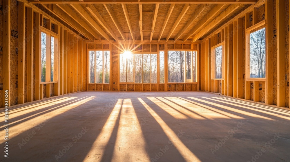 Sunlight Streaming Through Windows in Unfinished Home, New Construction, Framing