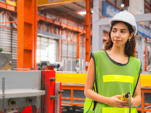 Smart female mechanical engineer is using a remote control to operate a crane or robot in a metal sheet factory. Female expert technical worker is using remote controller to control machine.