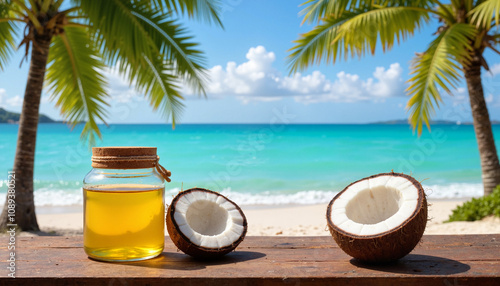 Coconut oil and fresh coconuts with ocean view under palm trees