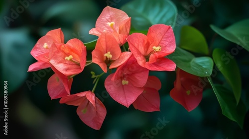 Close-up of Red Bougainvillea Flowers with Green Leaves, Tropical, Nature, Bougainvillea, Flowers, Pink, Plant