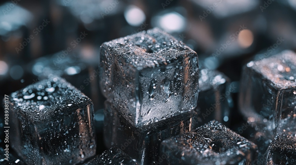 A group of melting ice cubes piled up, with tiny water droplets forming around them, giving a sense of cool freshness. A group of melting ice cubes piled up, with tiny water droplets forming around them, giving a sense of cool freshness.