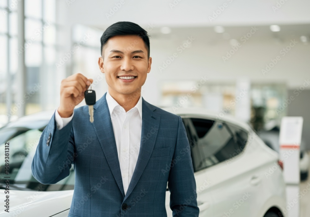 Happy salesman is showing car keys in dealership, buying new automobile Happy salesman is showing car keys in dealership, buying new automobile