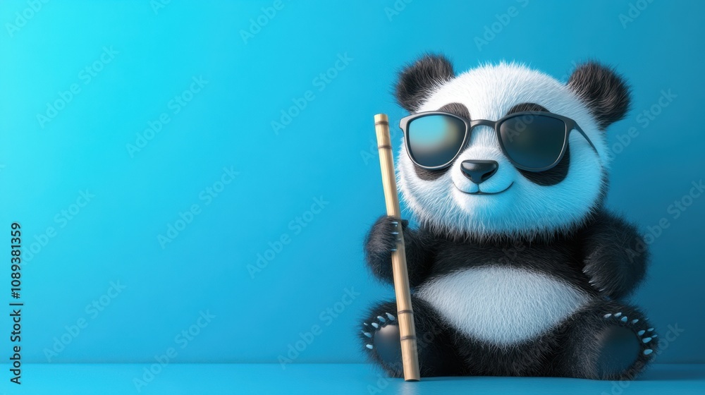 Fototapeta premium Adorable cartoon panda wearing sunglasses, sitting against a vibrant blue background, holding a bamboo flute in a fun and playful pose, perfect for children's themes or animal illustrations.
