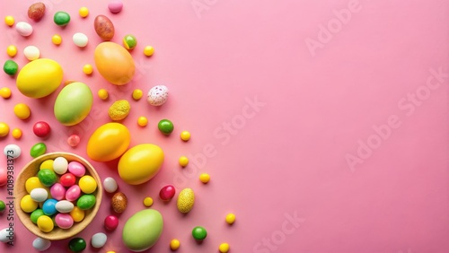 Easter egg and candy celebration with pink background and copy space