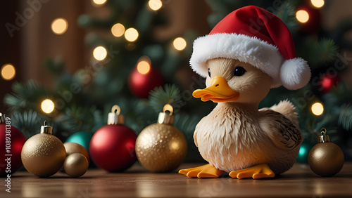 Close up of a Cute Duckling wearing a Santa Claus hat on a table with Christmas attributes around it