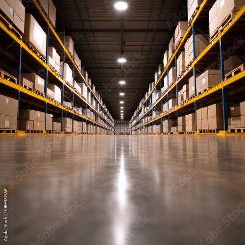 spacious warehouse interior with stacked boxes and organized shelving