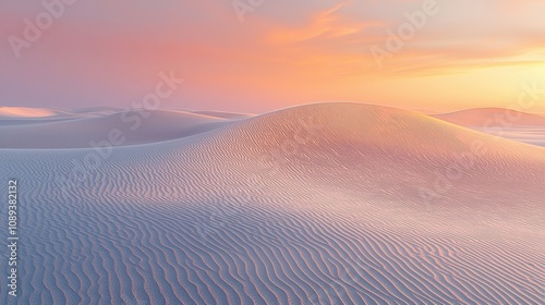 Fototapeta Naklejka Na Ścianę i Meble -  A tranquil desert at dawn, with golden sand dunes stretching toward a horizon bathed in soft pink and orange hues. The rippling patterns in the sand create a mesmerizing natural texture. The 