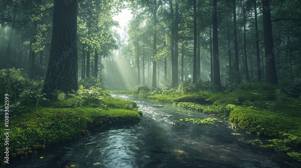 Fototapeta premium A tranquil forest glade with sunlight filtering softly through the tall trees, illuminating the moss-covered floor. A gentle stream winds its way through the scene, creating a calming atmosphere. 