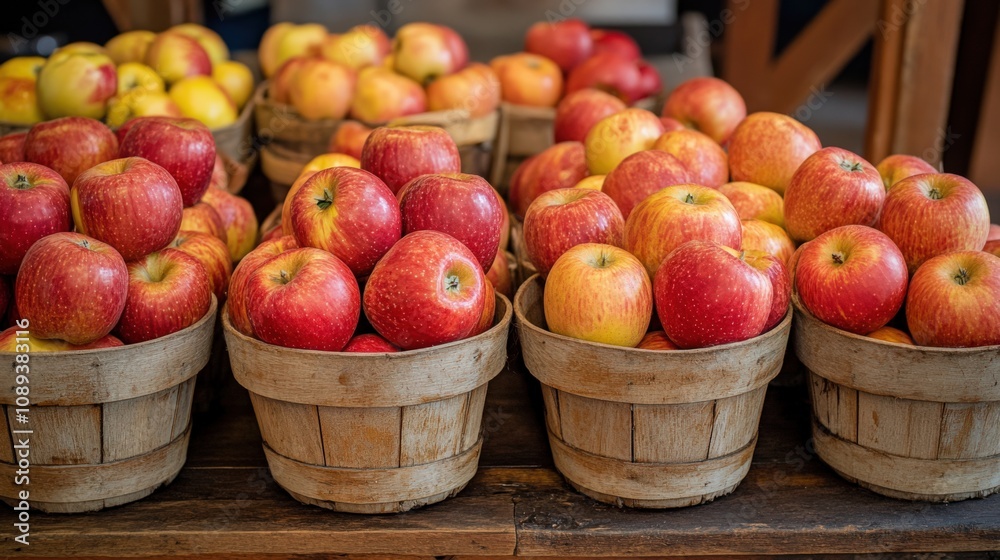 Vibrant Red and Yellow Apples in Rustic Baskets at Farmers Market Vibrant Red and Yellow Apples in Rustic Baskets at Farmers Market
