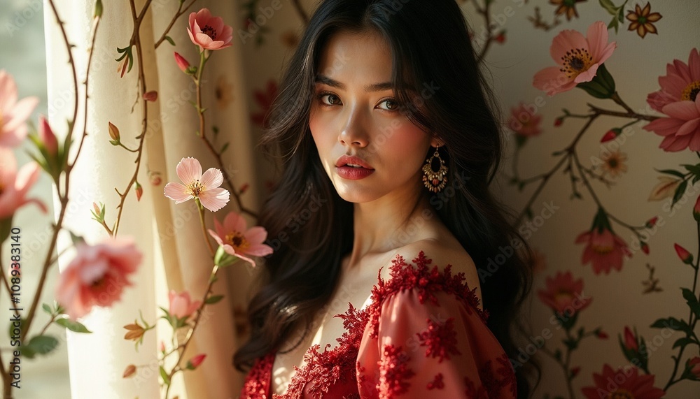 Fototapeta premium Young Asian woman with a dreamy expression posing in a floral patterned dress near a window with soft light