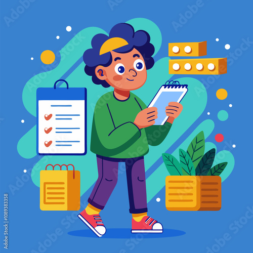 Man with check list of shopping list at home, planning the household