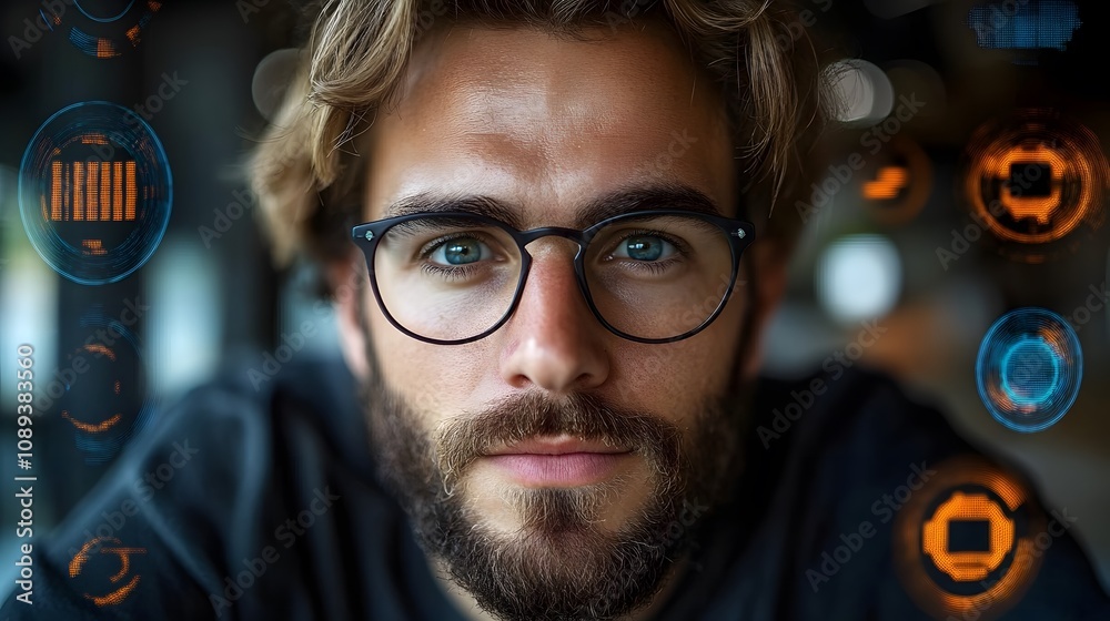 A businessman analyzing life insurance data, surrounded by holograms of protection symbols A businessman analyzing life insurance data, surrounded by holograms of protection symbols