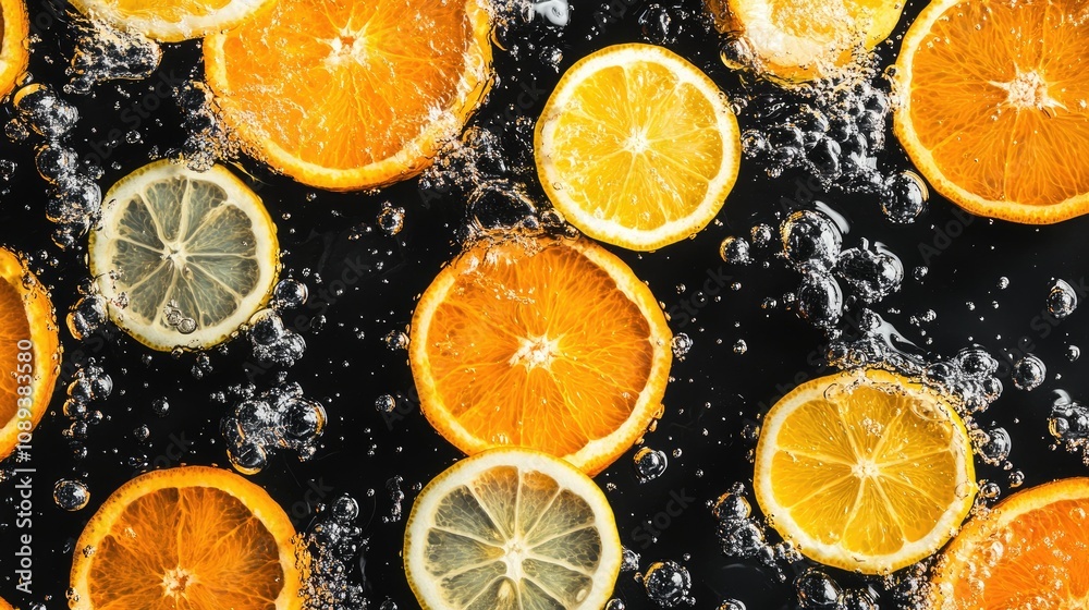 A mix of orange and lemon slices splashing into water, bubbles and splashes enhancing the vibrant colors on black. A mix of orange and lemon slices splashing into water, bubbles and splashes enhancing the vibrant colors on black.