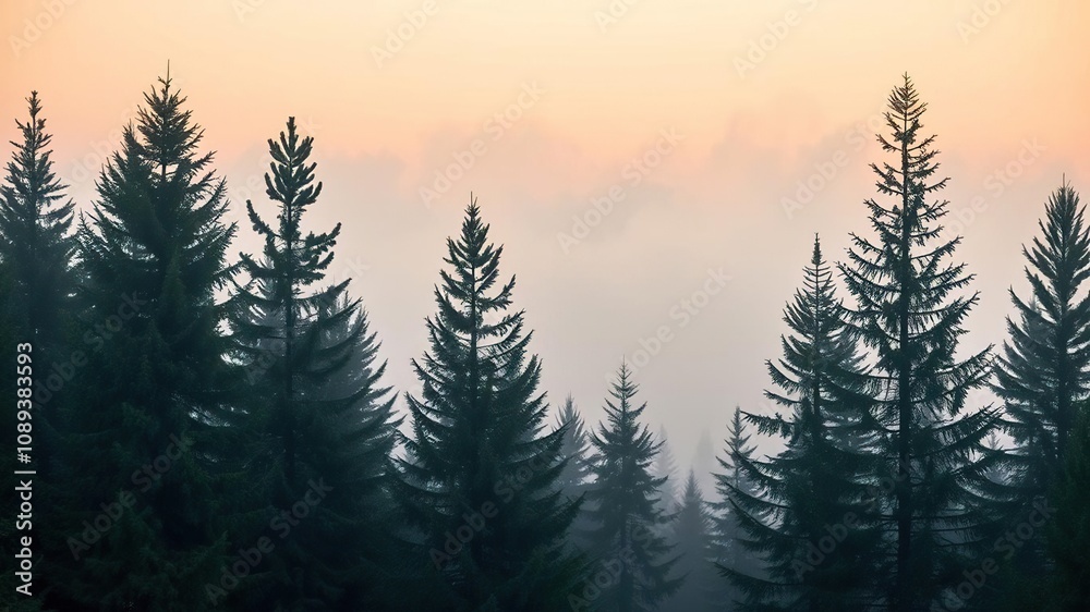 Fototapeta premium Fir trees stand against misty morning sky, serene, trees, rural