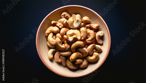 A bowl filled with roasted cashew nuts. The cashews are arranged aesthetically in a circular dish against a dark background, emphasizing their golden-brown color and texture.