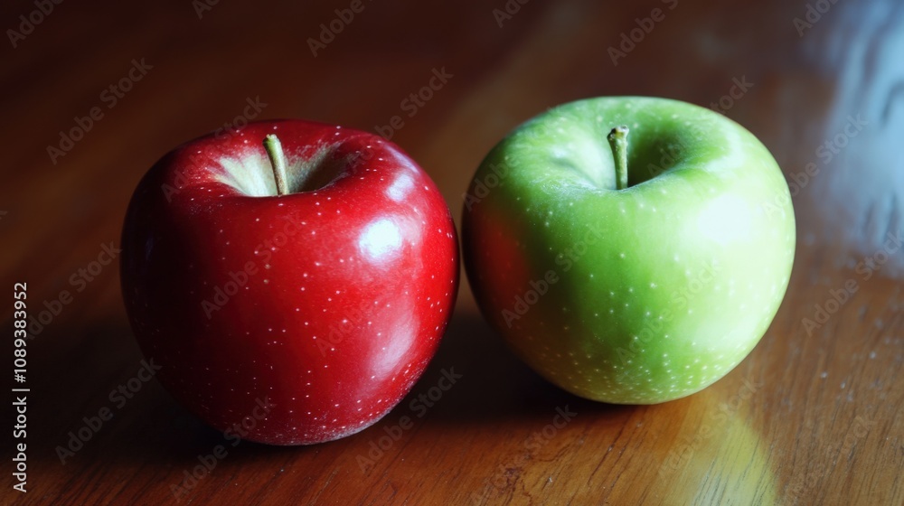 Fresh Red and Green Apples on Wooden Table Fresh Red and Green Apples on Wooden Table