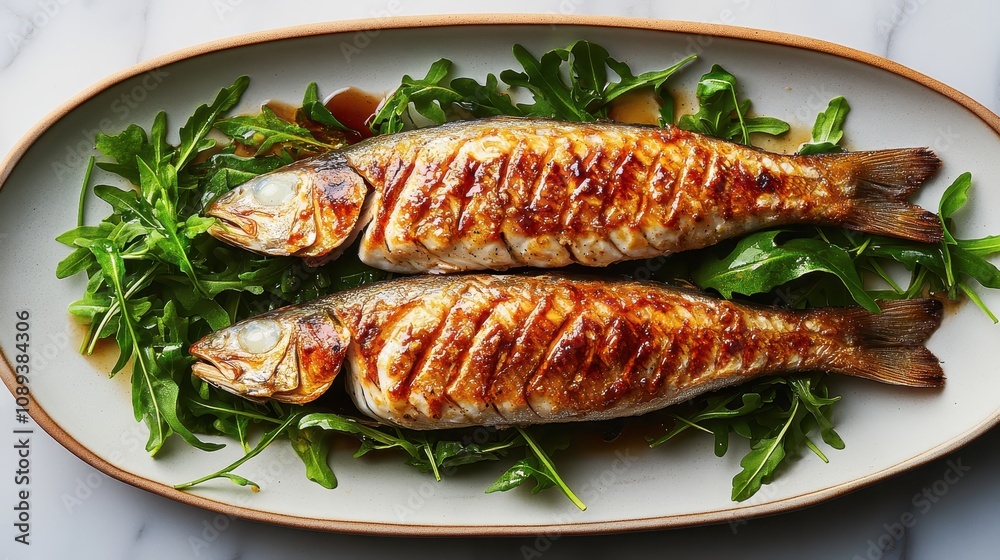 Grilled fish served on a platter with fresh greens, showcasing a delicious and appetizing meal. Grilled fish served on a platter with fresh greens, showcasing a delicious and appetizing meal.