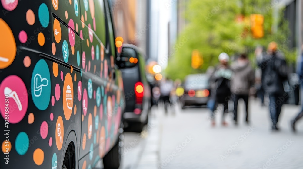 Fototapeta premium A diverse group of food delivery drivers gather outside a popular restaurant, their vehicles adorned with delivery service logos, ready to pick up orders.