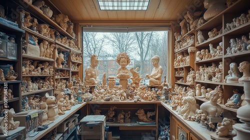 A cozy art studio filled with numerous sculptures and intricate carvings, illuminated by natural light from a large window.