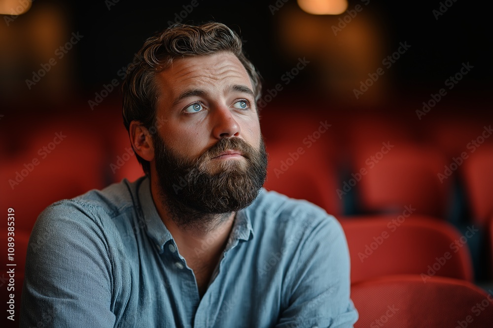 Thoughtful man with beard in theater setting, contemplative mood, casual denim shirt, red seats background, emotional expression, reflective atmosphere Thoughtful man with beard in theater setting, contemplative mood, casual denim shirt, red seats background, emotional expression, reflective atmosphere