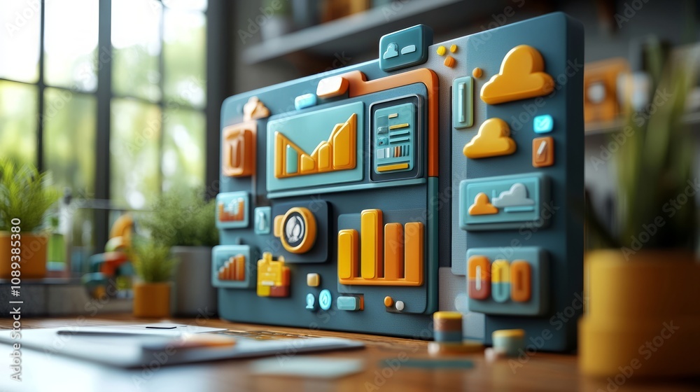 Obraz premium A 3D dashboard displaying various data visualizations and analytics elements.