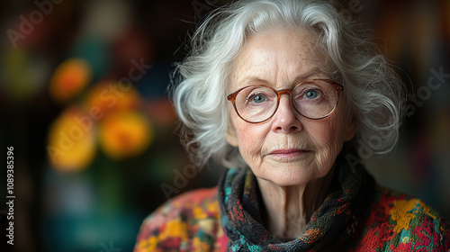 Elderly woman with glasses wearing colorful sweater sits thoughtfully in a cozy atmosphere with vibrant flowers in background. Generative AI