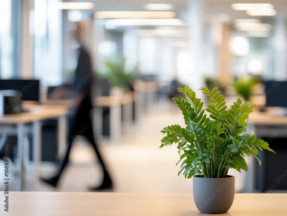 modern office workspace with greenery and blurred background