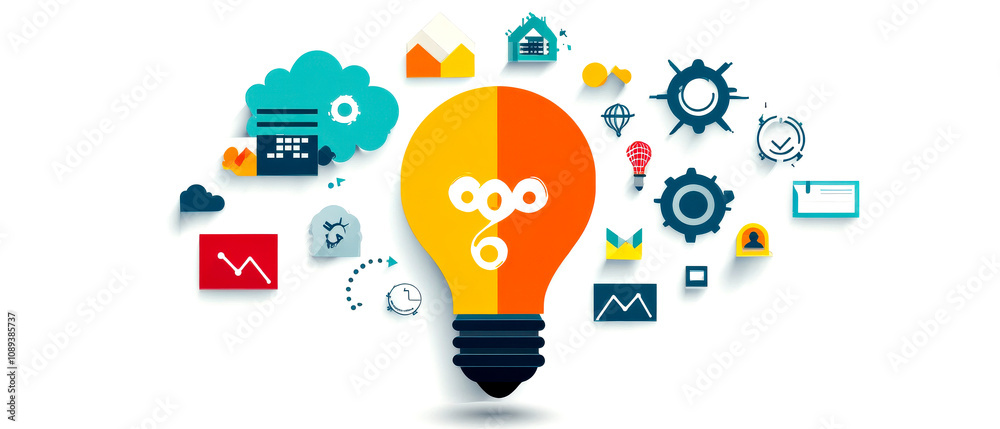 A colorful light bulb surrounded by various icons representing creativity, innovation, and technology. A colorful light bulb surrounded by various icons representing creativity, innovation, and technology.