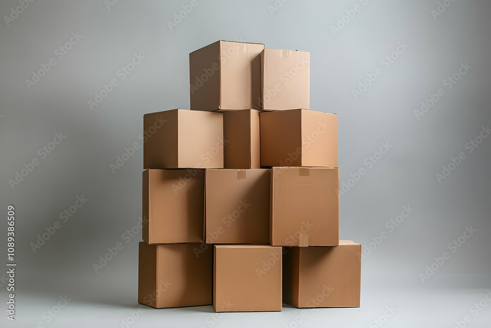 A stack of nine cardboard boxes on a gray background. Boxes are various sizes, some taped. A stack of nine cardboard boxes on a gray background. Boxes are various sizes, some taped.