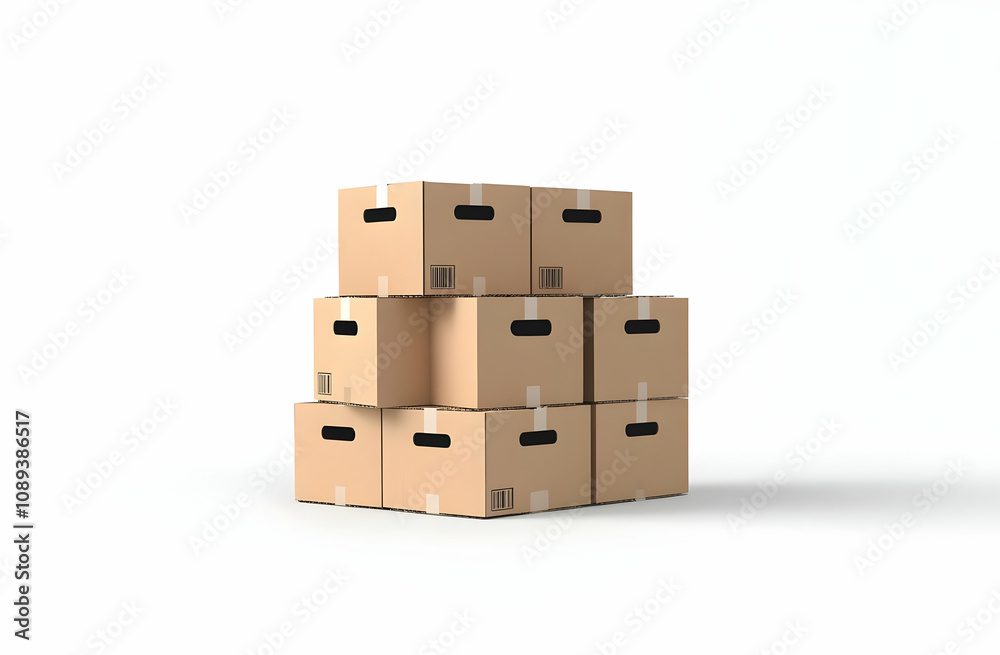 A stack of seven cardboard boxes on a white background, ready for shipping or storage. A stack of seven cardboard boxes on a white background, ready for shipping or storage.