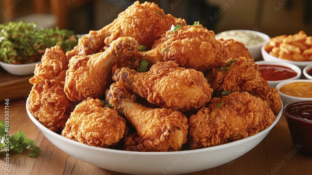 A generous bowl of golden crispy fried chicken presented on a rustic wooden table, complemented by an array of vibrant dipping sauces and fresh garnishes.
