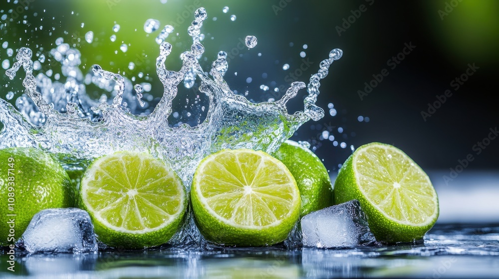 Freshly Cut Limes Splashing Into Water with Ice Cubes, Capturing Vibrant Citrus Colors and Dynamic Water Motion in a Creative Culinary Presentation Freshly Cut Limes Splashing Into Water with Ice Cubes, Capturing Vibrant Citrus Colors and Dynamic Water Motion in a Creative Culinary Presentation