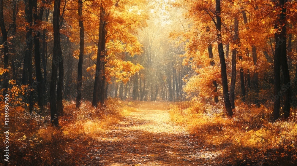 Vibrant autumn forest scene with golden leaves and a sunlit path, capturing the tranquil beauty of the fall season. Vibrant autumn forest scene with golden leaves and a sunlit path, capturing the tranquil beauty of the fall season.