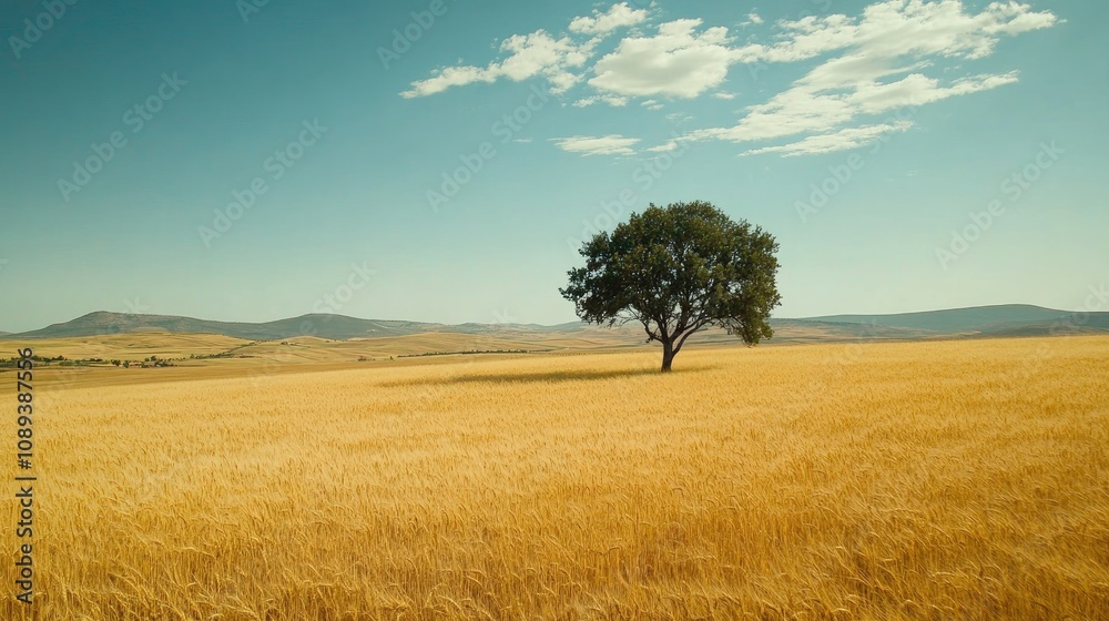 Golden wheat field under a blue sky with fluffy clouds, featuring a solitary tree in the foreground, surrounded by rolling hills. Golden wheat field under a blue sky with fluffy clouds, featuring a solitary tree in the foreground, surrounded by rolling hills.