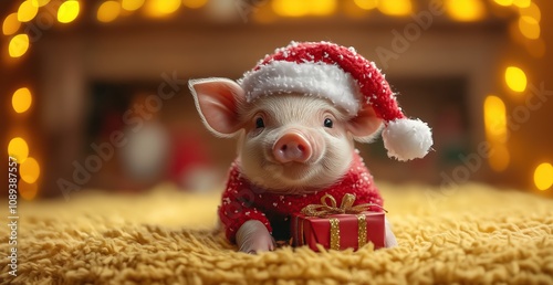 A happy baby pig in a Santa hat, celebrating the festive season with a joyful expression. Ideal for Christmas and New Year postcards, banners, and advertising. photo