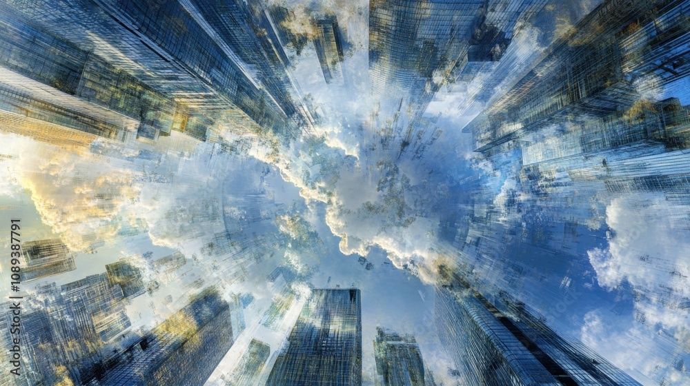 Dramatic Aerial View of Skyscrapers Under a Dynamic Sky with Clouds at Daytime, Capturing the Essence of Urban Life and Architecture in a Vibrant Cityscape Dramatic Aerial View of Skyscrapers Under a Dynamic Sky with Clouds at Daytime, Capturing the Essence of Urban Life and Architecture in a Vibrant Cityscape