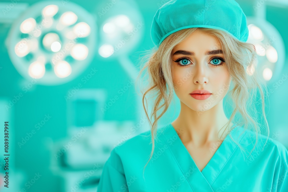 Young female surgeon in vibrant operating room highlighting healthcare professionalism and modern medical environment