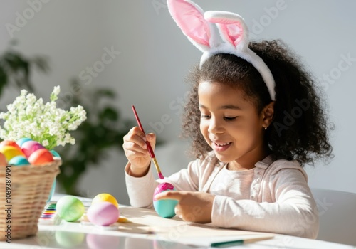Happy little girl painting easter eggs at home, wearing bunny ears and enjoying the creative activity