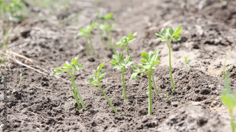 Young green sprouts emerging from rich dark soil with additional seedlings developing alongside in a sunlit garden setting. Young green sprouts emerging from rich dark soil with additional seedlings developing alongside in a sunlit garden setting.