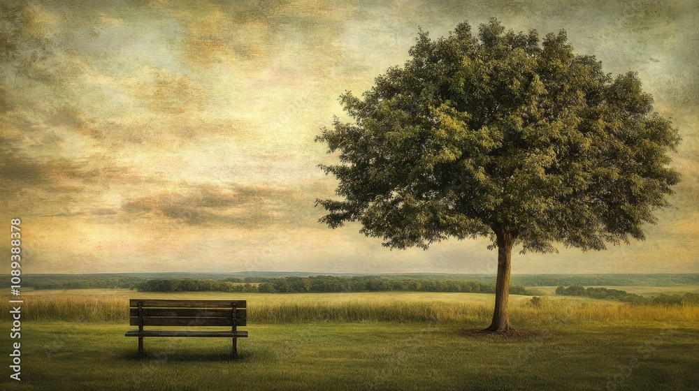 Serene Landscape with a bench under a lush tree overlooking a tranquil field at sunset, capturing the essence of nature and peaceful solitude Serene Landscape with a bench under a lush tree overlooking a tranquil field at sunset, capturing the essence of nature and peaceful solitude